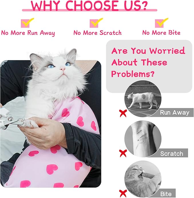Cat Wrap for Cutting Nails, Self-Adhesive for Grooming, Anti-Scratch Cat Swaddle Wrap for Medicine, Nail Clipping, Teeth Brushing, Ear Cleaning