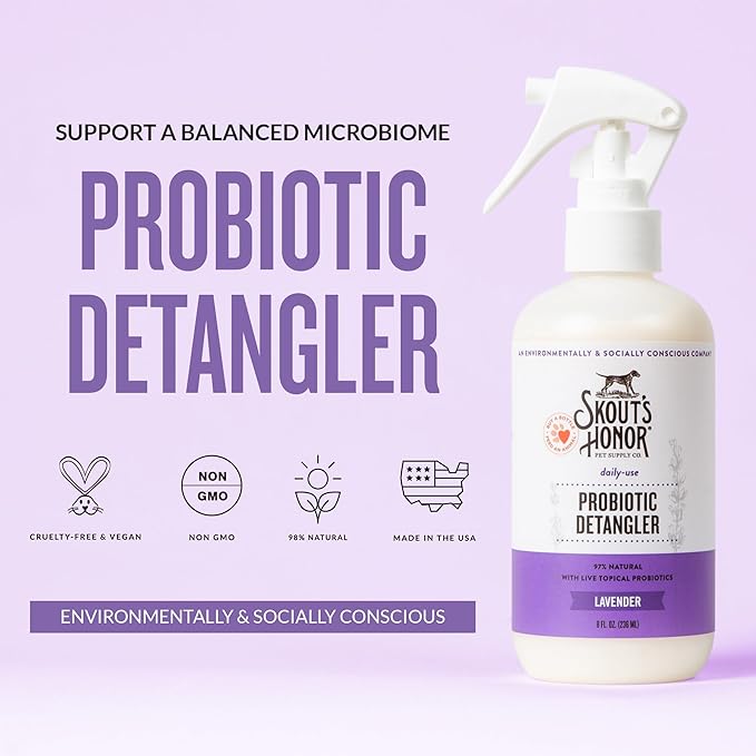 Skout's Honor Pet Detangler Spray - Hydrating & Conditioning with Avocado Oil & Probiotics, 97% Natural, Paraben & Sulfate-Free, softens for a More brushable Coat, Daily Use, 8oz, Lavender, 2-Pack