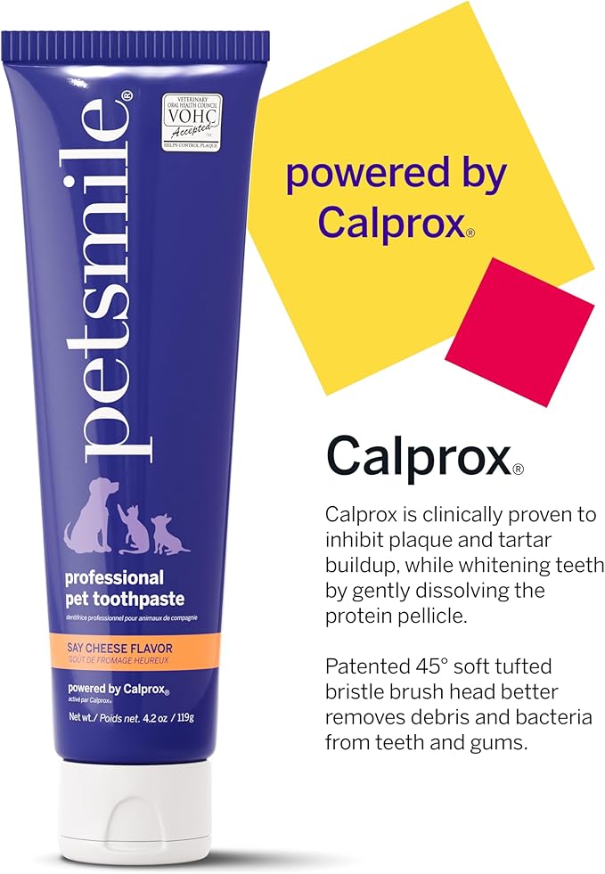 Petsmile Professional Pet Teeth Brushing Kit for Cats & Dogs - Only VOHC Accepted Toothpaste & Patented Toothbrush - Proven to Control Plaque & Tartar Calprox Formula (Say Cheese, 4.2 Oz)