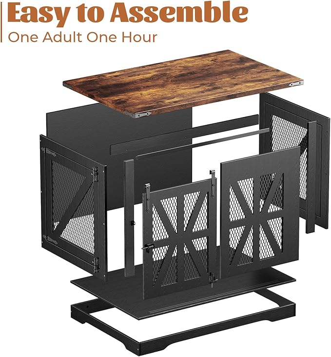 VOPEAK 43.3" XL Dog Crate Furniture, Chew Resistant Dog Crate for Medium Large Dogs, Heavy Duty Extra Large Dog Crate Dog Kennel Indoor with Double Doors, Wooden End Table for Living Room, Black