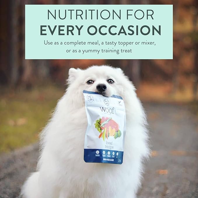 Woof - Air Dried Dog Food, Toppers for Dry Food, High Protein, Natural Dog Food, Limited Ingredient Recipe Dry, Beef, 3.5 oz