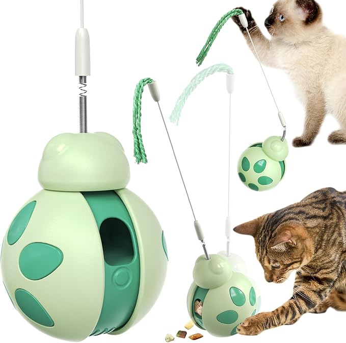 Cat Treat Interactive Toy, Indoor Puzzle Slow Feeding Mental Stimulation Sliding Rolling Cat Toy Ball with Cat Teaser, Cat Treat Dispenser Toy for Large, Medium and Small Cats (Green, ladybug)
