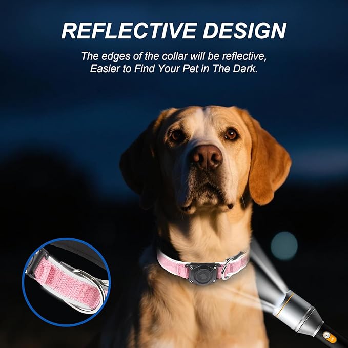 Waterproof Airtag Dog Collar - Nylon Collar with Durable Airtag Holder, Reflective&Anti-Lost with Safety Metal Buckle, Soft Padded Adjustable for Small Medium Large Dogs Pink XL