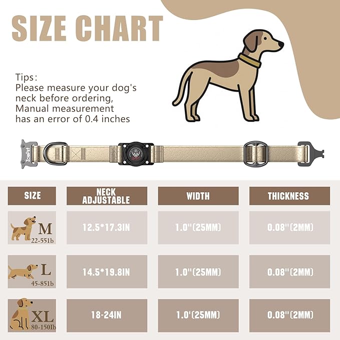 Airtag Dog Collar - Leather Dog Collar with Airtag Holder| IP68 Waterproof AirTag Holder with Metal Buckle, Comfortable GPS Dog Collars Tracker for Medium Large Dogs (Champagne Gold, XL)