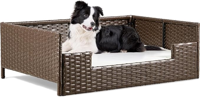 YITAHOME Rattan Dog Sofa Bed with Cushion, Wicker Pet Bed Sofa Couch Indoor Outdoor Waterproof for Large Medium Small Dogs Cats (34.6''L*23.6''W*11.8''H,Beige)