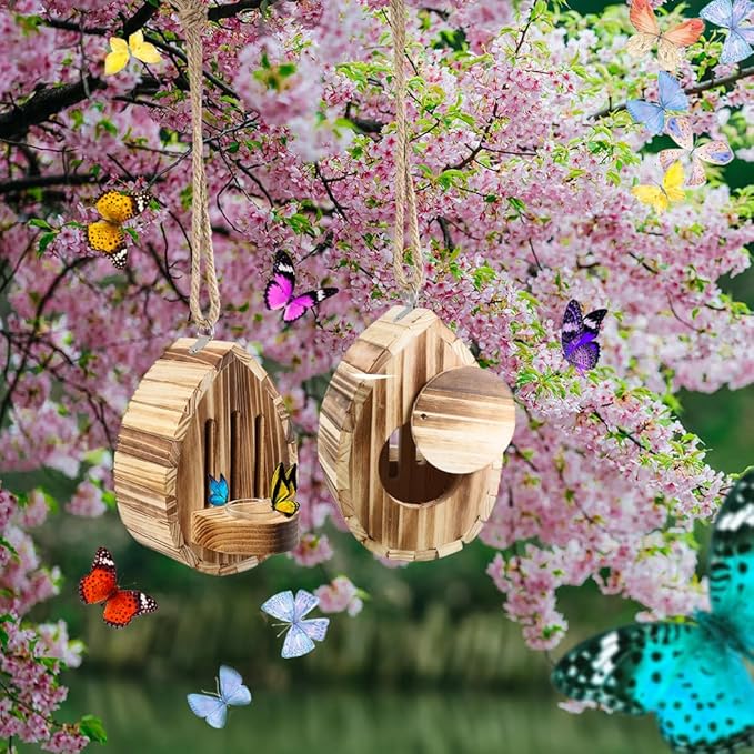 Picowe Wooden Butterfly House - Natural Habitat Nesting Box With Feeder for Butterflies, Bees, Ladybirds - Hanging Garden House for Outside, Open Door