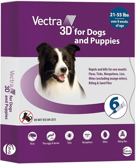 Vectra 3D for Dogs Flea, Tick & Mosquito Treatment & Prevention for Medium Dogs (21 – 55 lbs) , 6 month supply