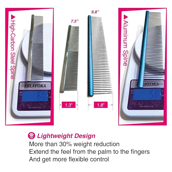 Greyhound Oval Grooming Comb – Aluminum handle, Stainless Steel Teeth Comb for Long-Haired Dogs & Cats, Removes Mats, Tangles, and Loose Fur – Lightweight for Deshedding (Silver/Blue, 9.8")