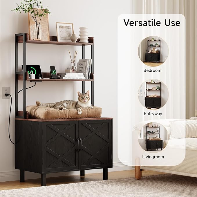 55 Inches Cat Litter Box Enclosure, Hidden Litter Box Furniture with 2 Storage Shelves and Charging Sockets, Wooden Cat House, Large Indoor Cabinet for Living Room & Entryway, Black