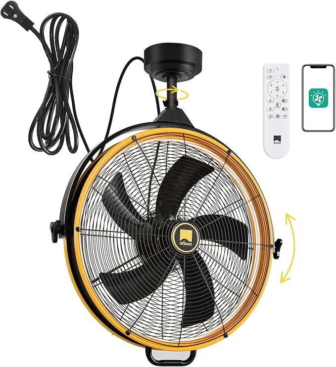 Orison 24.8'' Outdoor/Indoor Garage Ceiling Fan, 6 Speed Ceiling Mounted Plug-In Cord Garage Fan with Remote&APP, Manual Vertical Rotation, Hook hanging for Gazebo, Patio, Yellow&Black