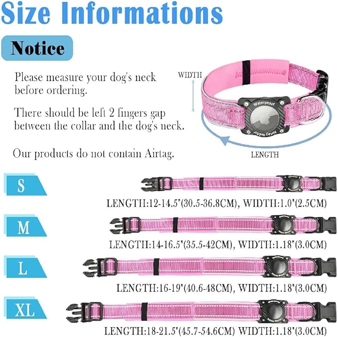 Upgraded AirTag Dog Collar, IP68 Waterproof Dog Collar with Apple Air Tag Holder, Reflective Adjustable Heavy Duty Dog Collars with Soft Padded for Small, Medium and Large Dogs,Pink, L
