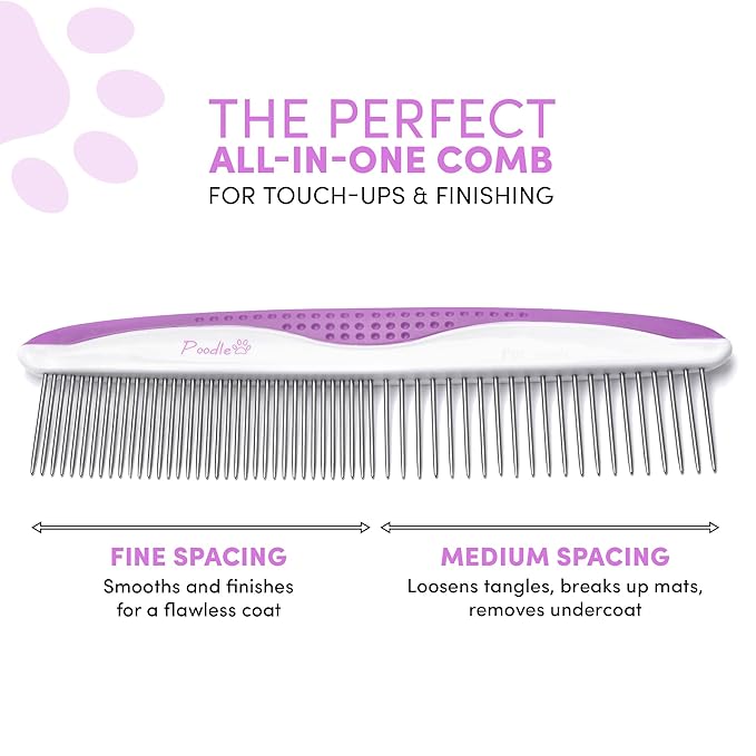 Poodle Pet Dog Combs for Grooming | 2 Pack | Stainless Steel Teeth Easily Remove Dirt | Proper Care Prevents Knots and Mats for Long and Short Haired Pets | Anti-Slip Comfort Grip Handle (Purple)