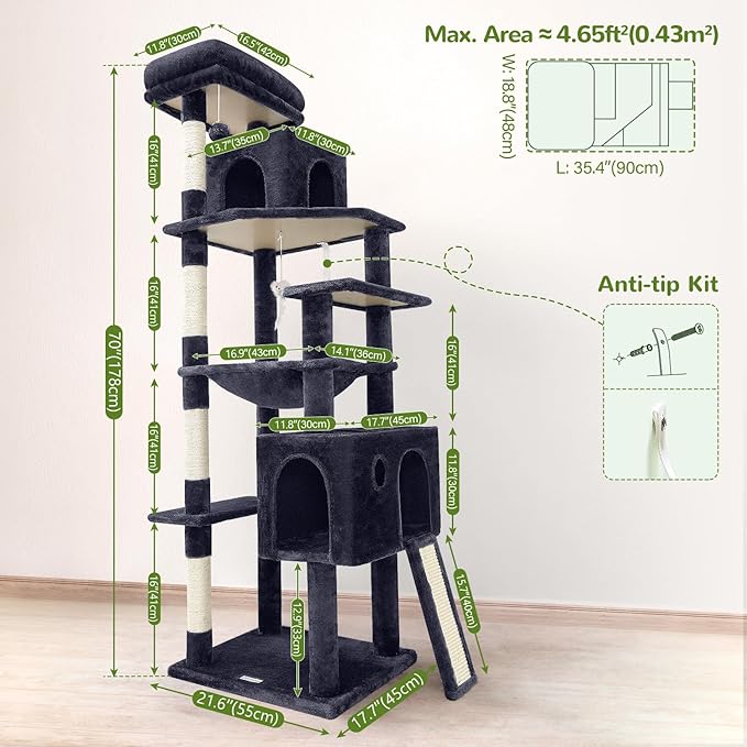 Globlazer Heavy Duty Cat Tree, 70 inch Sturdy Cat Tree for Indoor Cats Extra Large Cat Tower with Scratching Post, Hammock, Cat Condo for Adult Cats Kittens, F70 Pro, Dark Grey