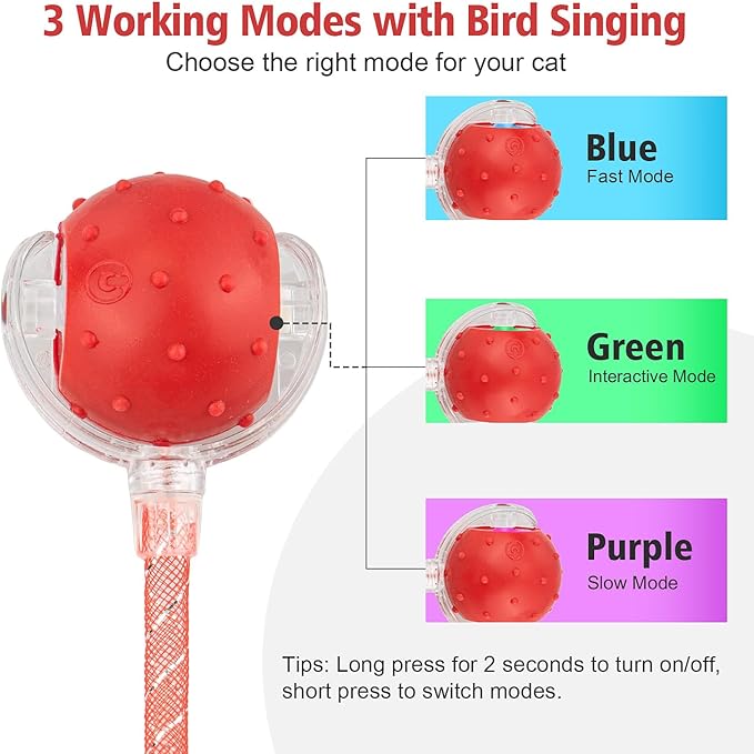 Interactive Cat Toys Ball for Indoor Cats, Automatic Agile Rolling Cat Ball with Elastic Mesh Tail, Bird Chirping & Motion Activated, 2 Tail Accessories, Kitten Toy for Bored (Red)