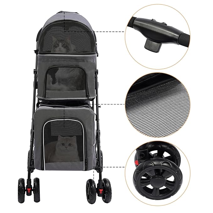 2 Tiers Pet Stroller,4 Wheel Dog Stroller Cat Strollers,3.07lbs Pet Gear Foldable Jogger Travel Cart,Grey Cat Carrying Cart with Storage Basket for Small Medium Pet (Grey)