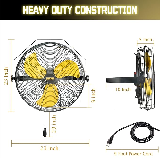 HiCFM 4600 CFM 18 inch High Velocity Wall Mounted Fan, TEAO Enclosure Motor, Safety Yellow Blade, 9 FT Cord, 180 Degree Tilting, 3 Speed Industrial Shop Fan for Patio, Garage Use - UL Listed, 2 Pack
