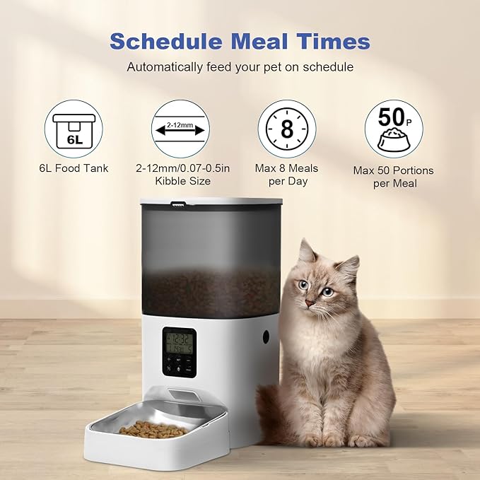 Automatic Cat Feeder, 6L Cat Food Dispenser with 10s Voice Recorder, Pet Feeder up to 8 Meals per Day, Timed Feeder with Dry Food Sealed Ring (Jade White, 6L)