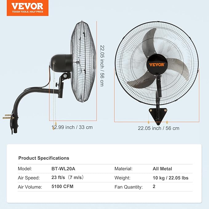 VEVOR Wall Mount Fan, 2 PCS 20 inch Oscillating, 3-speed High Velocity Max. 4000 CFM Industrial Wall Fan for Indoor, Commercial, Residential, Warehouse, Greenhouse, Workshop, Basement, Garage,Black