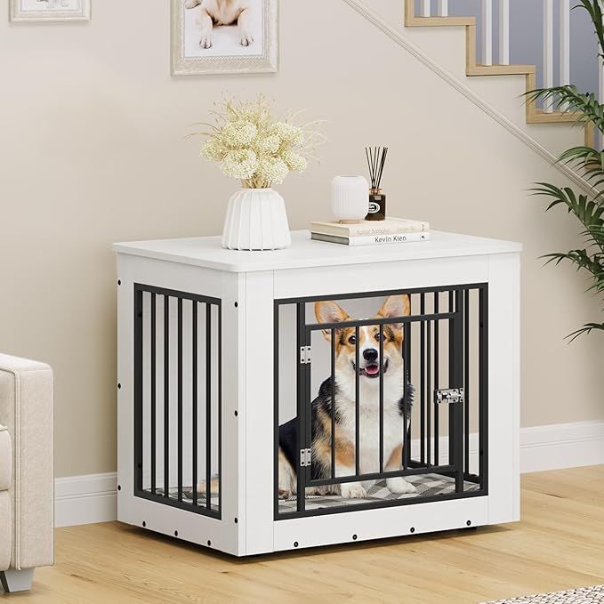 YITAHOME 30.1" L Dog Crate Furniture for Medium Dogs, 2-in-1 Iron-Wood Fusion Dog cage Indoor up to 35 lb, Side End Table, Modern Dogs Kennel with Waterproof Top, Safety Corners,Steel Lock,White