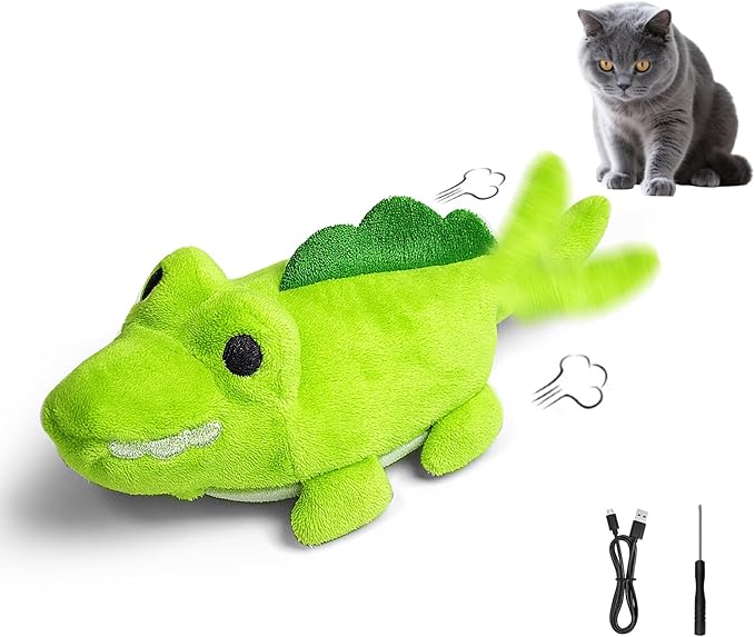 Interactive Cat Toys for Indoor Cats - Automatic Moving Cat Chase Toy for Bored Indoor Adult Cats - 360° Random Movement, Tail Wagging & Catnip Stimulation - Electric Croc(Short Plush)