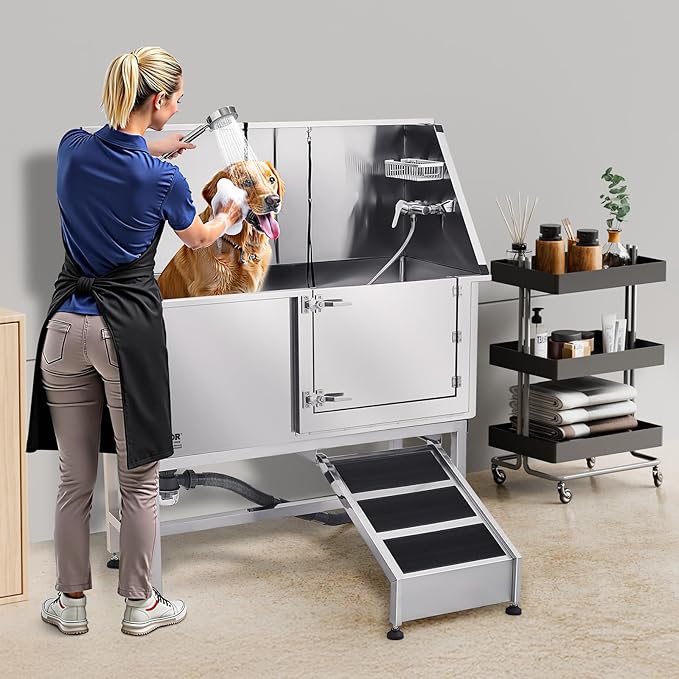 VEVOR Stainless Steel Dog Washing Station, 50 inch Pet Grooming Tub w/Ramp, PE Water Filter Board, Faucet & Showerhead & Soap Holder Dog Bathtub for Large & Medium & Small Pets (Right Door)