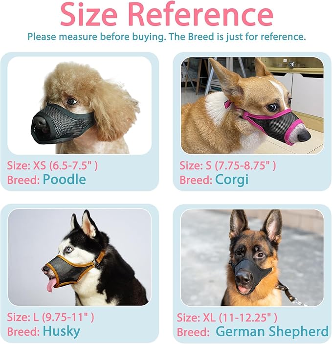 LUCKYPAW Dog Muzzle, Mesh Muzzle for Large Medium Small Dogs, Soft Mouth Guard for Biting Chewing, Breathable Mouth Cover with Adjustable Hook and Loop for Training, Grooming(Black, XS)