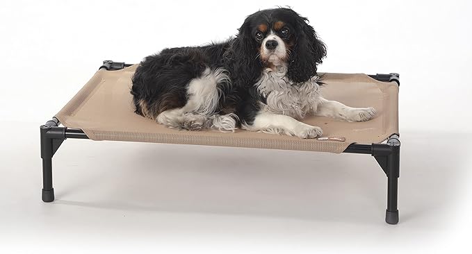 K&H Pet Products Cooling Elevated Dog Bed, Outdoor Raised Cot with Waterproof Breathable Mesh for Medium Dogs, Portable Place Bed with Heavy-Duty Metal Frame & Hammock Style Cover - Medium Tan