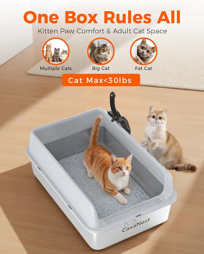 XXXL Stainless Steel Cat Litter Box 28.1''×20.5'' × 10.1” Extra Large Metal Cat Litter Box for Big, Multi Cats, Anti-Leakage & Non-Stick Metal Pan, Easy to Clean, Durable (Light Grey