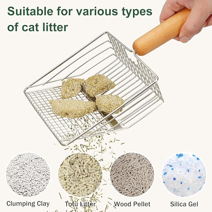 XBX Cat Litter Scoop with Holder, Heavy Duty Litter Sifter, Stainless Steel Litter Shovel, Litter Scooper with Beech Wood Grip and Washable Stand, Perfect for Cat Litter Box Cleaning
