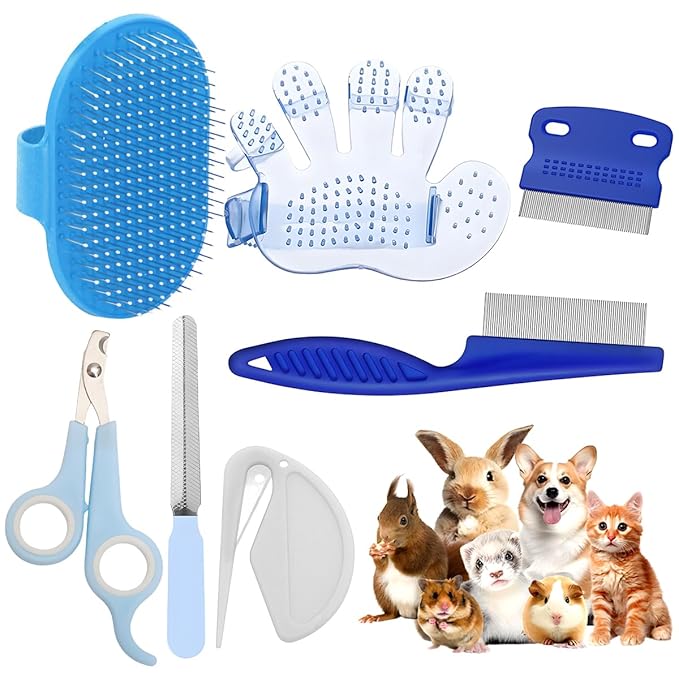 Rabbit Grooming Kit – Bunny Grooming Kit with Shedding Brush, Nail Clippers & Comb – Small Animal Grooming Supplies for Rabbits, Guinea Pigs, Hamsters, Ferrets - Small Pet Shedding & Care (Blue)