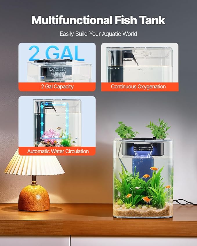 VEVOR Fish Tank Aquarium, 2 Gallon Arch Ultra-Clear GPPS Starter Smart Tank Adjustable 3 Color Lighting, Self Cleaning System Fishbowl for Freshwater & Saltwater Fish Home, Office, or Pet Use