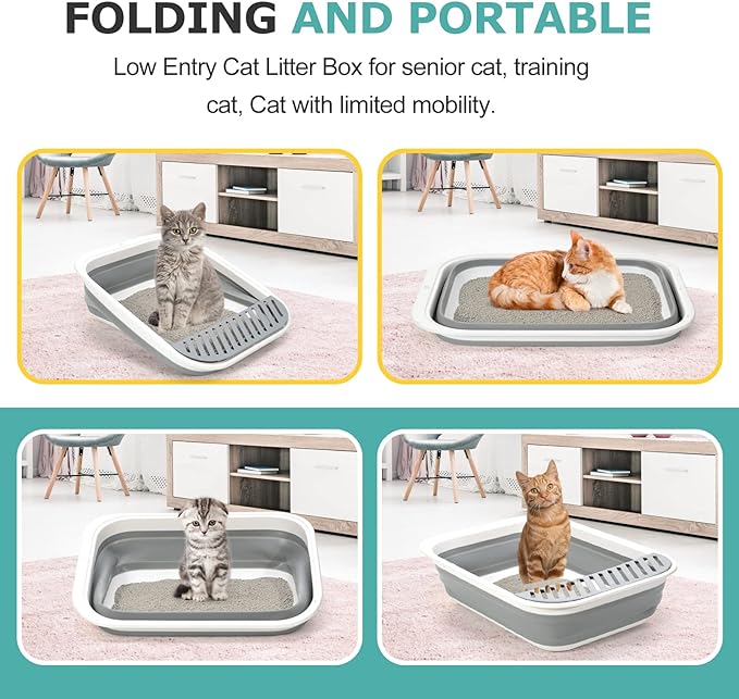 Open Top Cat Litter Box, Large Foldable Kitty Potty with Height-Adjustable Sides and Anti-Splash Design, Easy Clean with Cat Litter Scoop (Gray)