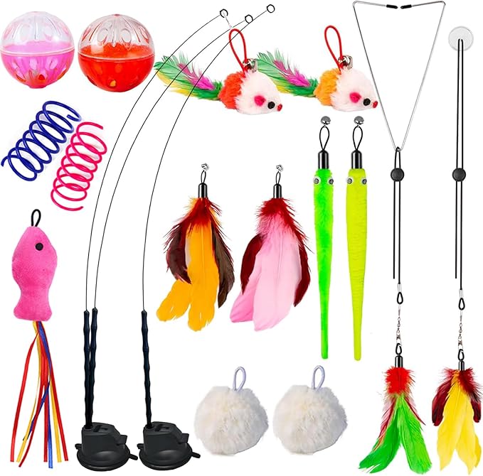 22Pcs 5-in-1 Cat Toys Interactive Cat Toy for Indoor Cats with Sticky Super Suction Cup Detachable Replacements Feathers Balls Mice Spring 3 Wand Hanging Door Kitten Toys