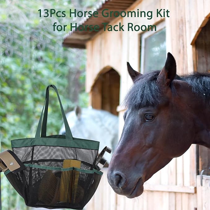 Horse Grooming Kit 13 Piece, Horse Brushes for Grooming Supplies Set with Organizer Bag, Horse Brush & Curry Comb for Effective Cleaning, Gift for Horses Riders Beginners