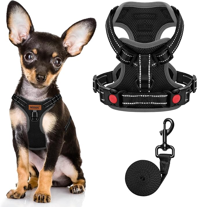 MIDOG No-Pull Dog Harness | Adjustable & Reflective Pet Harness Leash Set for Small Medium Large Dogs Walking, Training| No Choke, Front Clip, Soft Padded Vest with Easy Control Handle - Black, XS