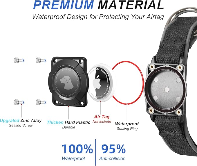 Waterproof Airtag Dog Collar - Nylon Collar with Durable Airtag Holder, Reflective&Anti-Lost with Safety Metal Buckle, Soft Padded Adjustable for Small Medium Large Dogs Black S