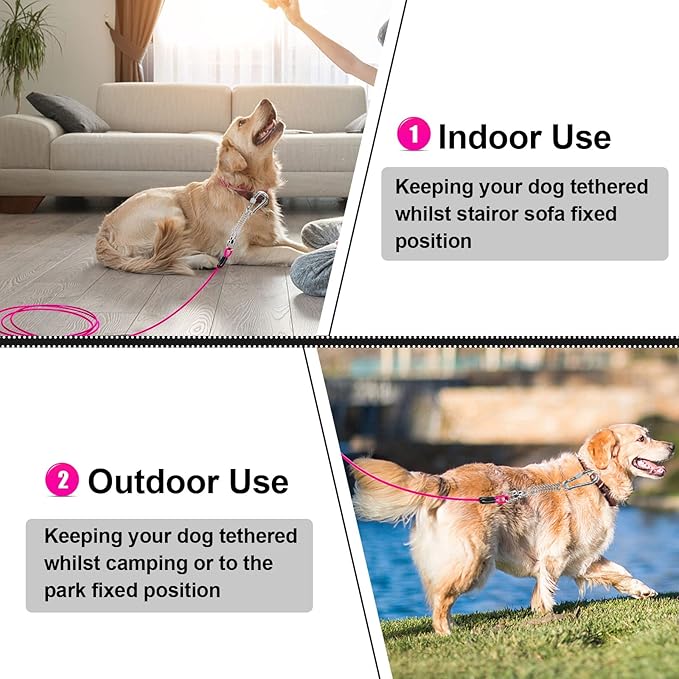 Jenico Dog Tie Out Cable, 10/15/20/30/40/50/70/100/150FT Runner Cable with Swivel Hook and Shock Spring, Yard and Camping Dog Leash Run Tether, Up to 500 LBS