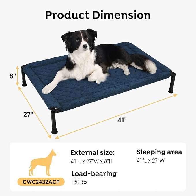 Veehoo Soft Plush Elevated Dog Bed, Raised Pet Cot with Heavy Duty Frame, Non-Slip Silicon Feet, Washable & Breathable Pet Cot for Indoor or Outdoor Use, 41" x 27", Navy Blue, CWC2432A