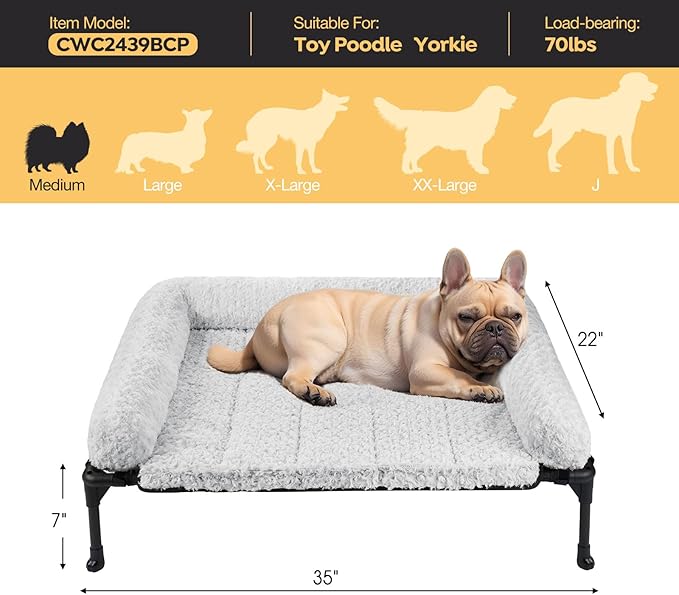 Veehoo Cooling Elevated Dog Bed Add Removable Deluxe Rose Plush Bolster Cushion Mat, 35" x 22" Washable Dog Couch Bed, Raised Pet Cot with Breathable Teslin Mesh, No-Slip Feet, Grey, CWC2439B