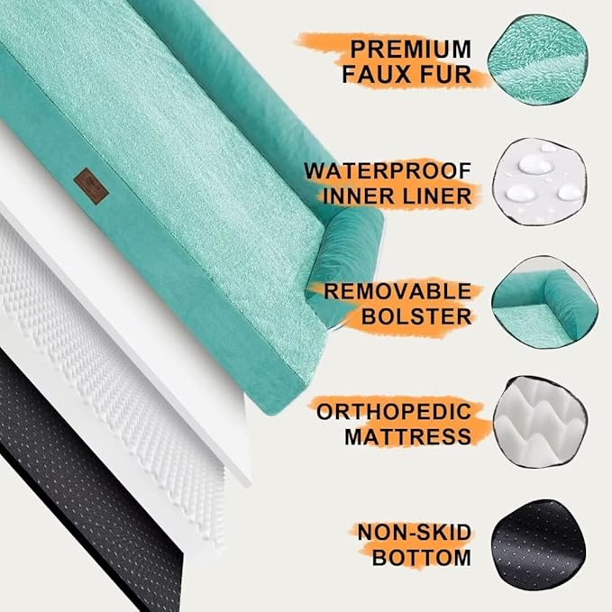 Orthopedic Large Dog Bed Washable, Orthopedic Dogs Bed with Removable Cover, XLarge XL Pet with Bolster, Washable Aqua Blue Large Dog Beds with Egg Foam for Medium Gaint Dogs