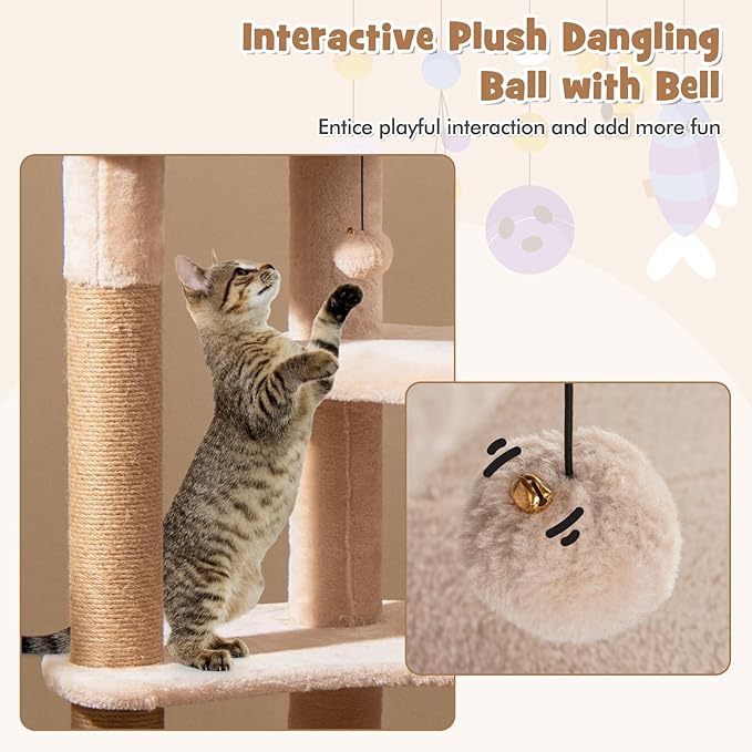 PETSITE 65 inch Cattail Cat Tree Tower, Multi-Level Cat Tower with Natural Jute Scratching Posts, Cat Bed, Top Perch, Dangling Balls and Jumping Platforms, Modern Tall Cat Tree for Indoor Cats