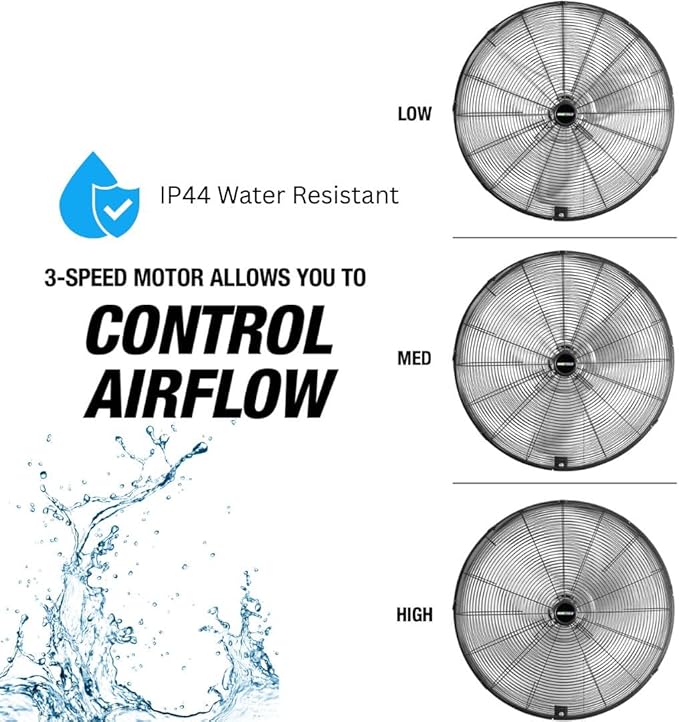 OEMTOOLS 30" Outdoor Wall Mount Fan, 80° Oscillating Fan 7200 CFM Max, Water Resistant, Use in Garage, Gym, Warehouse, Factory and Jobsite