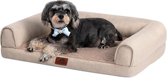 Hollypet Orthopedic Dog Bed for Medium Dogs, Supportive Foam Pet Couch with Removable Washable Cover and Non-Slip Bottom, Waterproof Lining Dog Sofa Bed, Khaki, M (28 * 22.5 * 7.5)