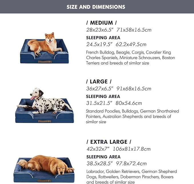 Friends Forever Orthopedic Dog Bed for Medium Dogs, Waterproof Memory Foam Dog Sofa Bed M with Removable Washable Cover, Ally Navy, 28x23x6.5