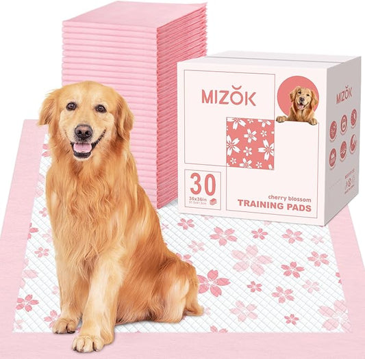 MIZOK 36x36 Puppy Pads Pink, Dog Pee Pads Leak-Proof with Quick-Dry Surface, Dog Pads Extra Large with Cherry Blossom Prints, Pee Pads for Dogs Super Absorbent (30 Count)
