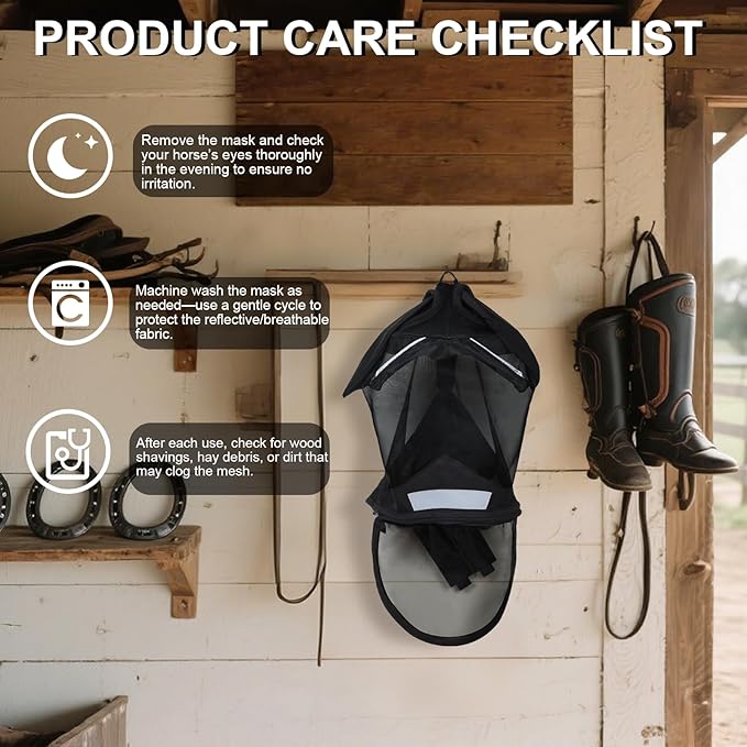 Luminous Horse Fly Mask with Long Nose, Ears, Full Face & Eye Protection - Full Mesh, Detachable Nose Cover, Fleece Padded Edging, Hook-and-Loop Straps with Webbing, Hanging Straps Black