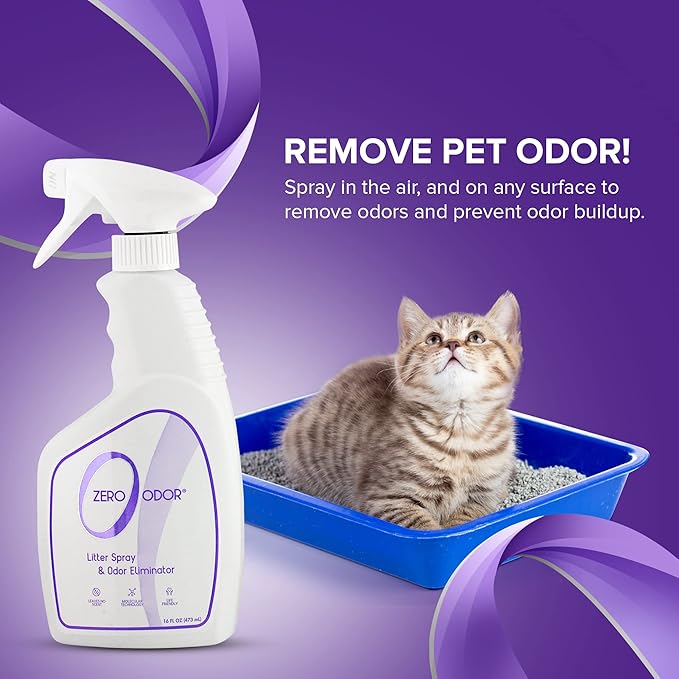 Zero Odor – Litter Odor Eliminator - Permanently Eliminate Litter Odors with Best Patented Molecular Technology - Pet Safe & Works on all types of litter, 16oz (Over 400 Sprays)