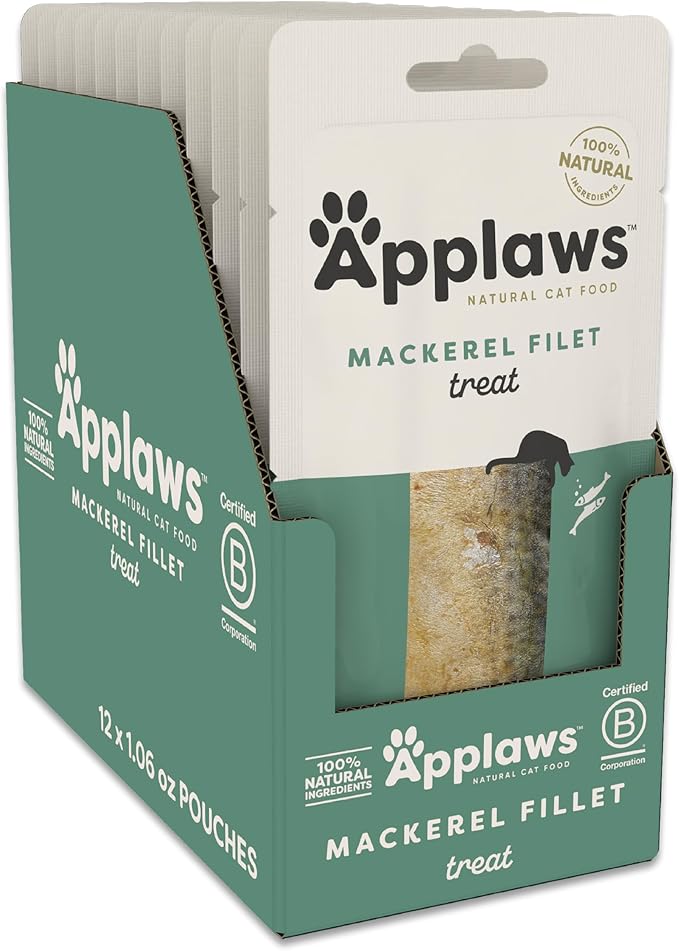 Applaws Natural Cat Treats, Grain-Free, High-Protein Whole Mackerel Loins, Single-Ingredient Healthy Snack for Cats (12 x 1.06 oz Loins)