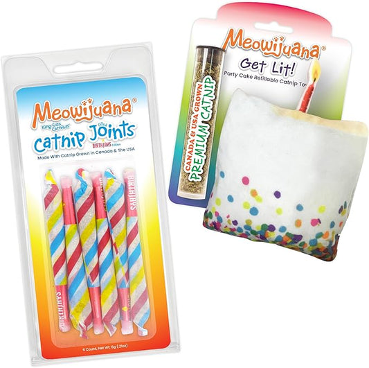 Meowijuana Birthjays Bundle | Birthjays Catnip Joints and Get Lit Cake Refillable Toy | Hand Harvested and Rolled Dried High Potency Catnip | Grown in North America