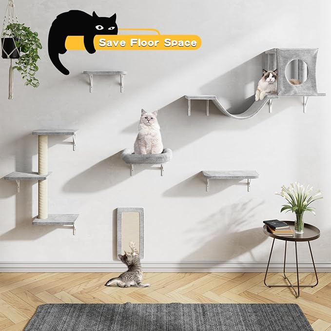NUNU LAB Wall Mounted Cat Furniture, 6 Pcs Cat Wall Shelves with Condo House, Bridge, Steps, Scratcher, Hammock, Indoor Safe & Stable Furniture for Kittens Play, Gray